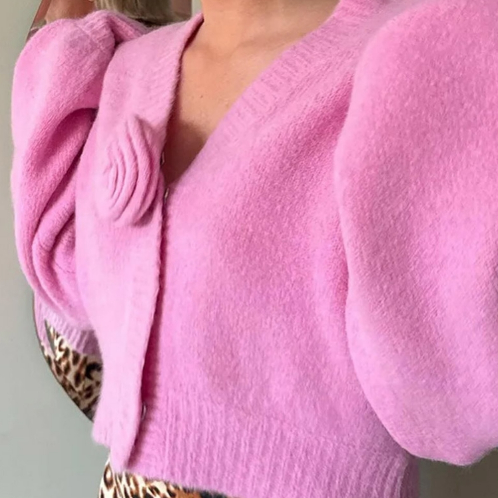Elegant Pink 3d Flower Print V Neck Knitted Cardigan Women - Picture 6 of 7